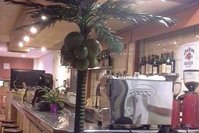 The bar, coffee machine and indoor palm at King’s Chow in Barcelona