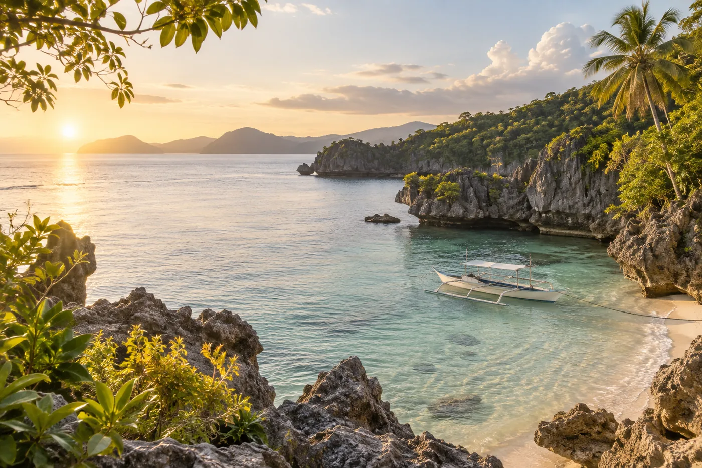 A traditional outrigger boat in a quiet turquoise cove framed by Cebu’s limestone coast