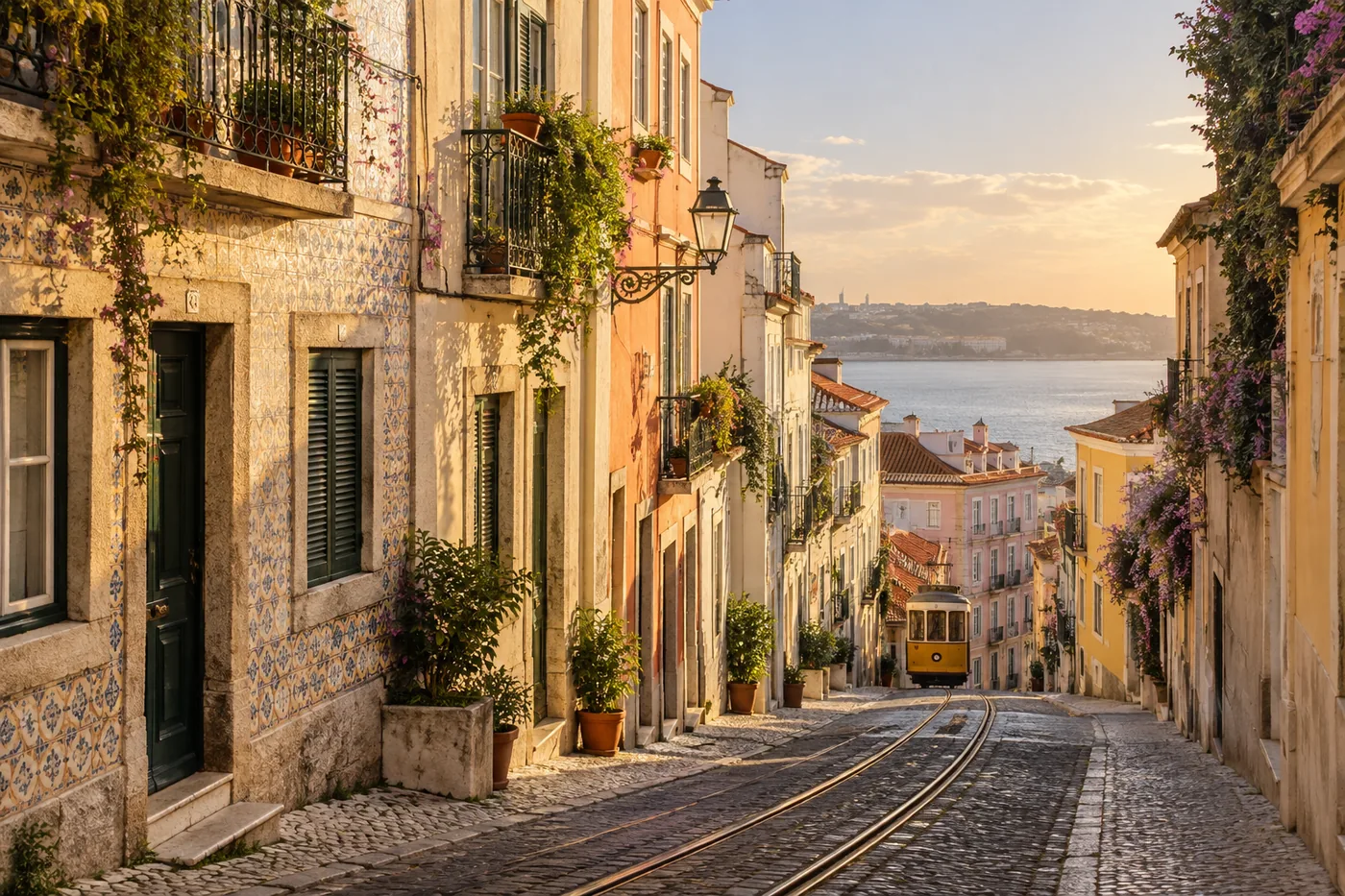 A yellow tram on a tiled Alfama street descending toward the Tagus in warm light