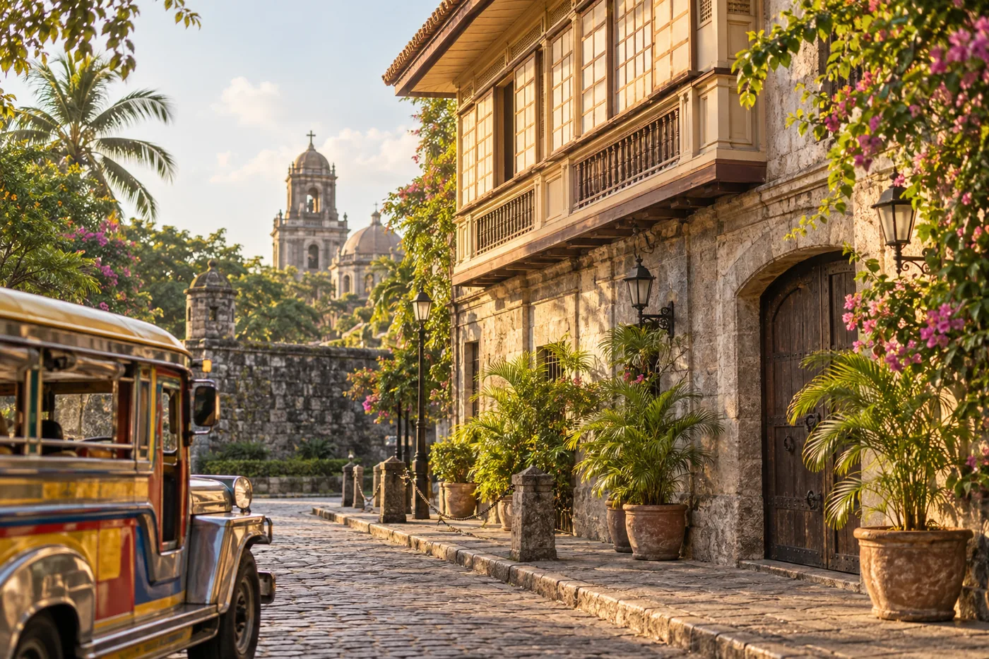 A sunlit Intramuros street with a capiz-window house, tropical plants and a jeepney