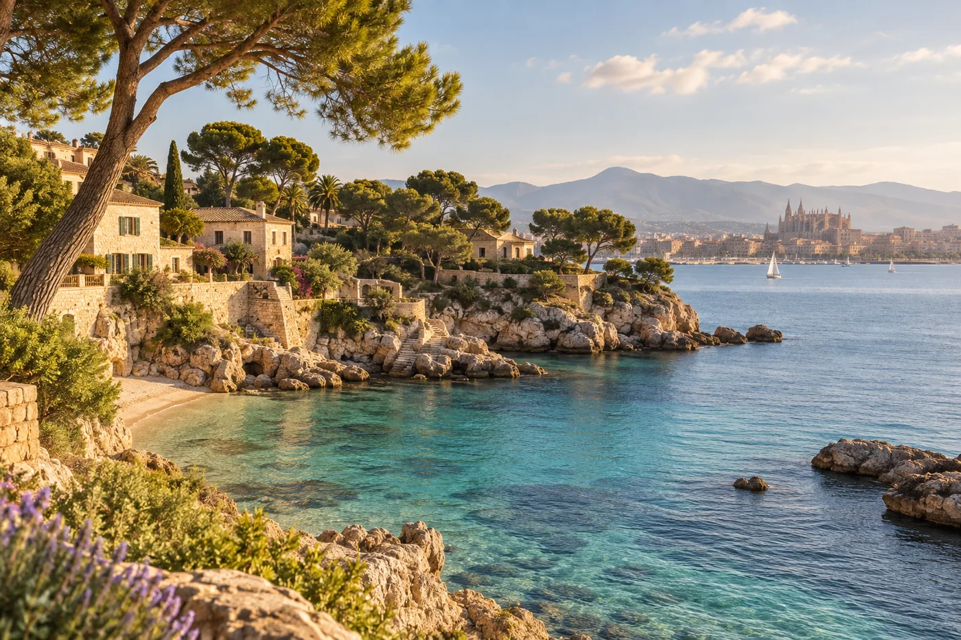 A clear Mallorcan cove with honey-stone houses, umbrella pines and Palma beyond