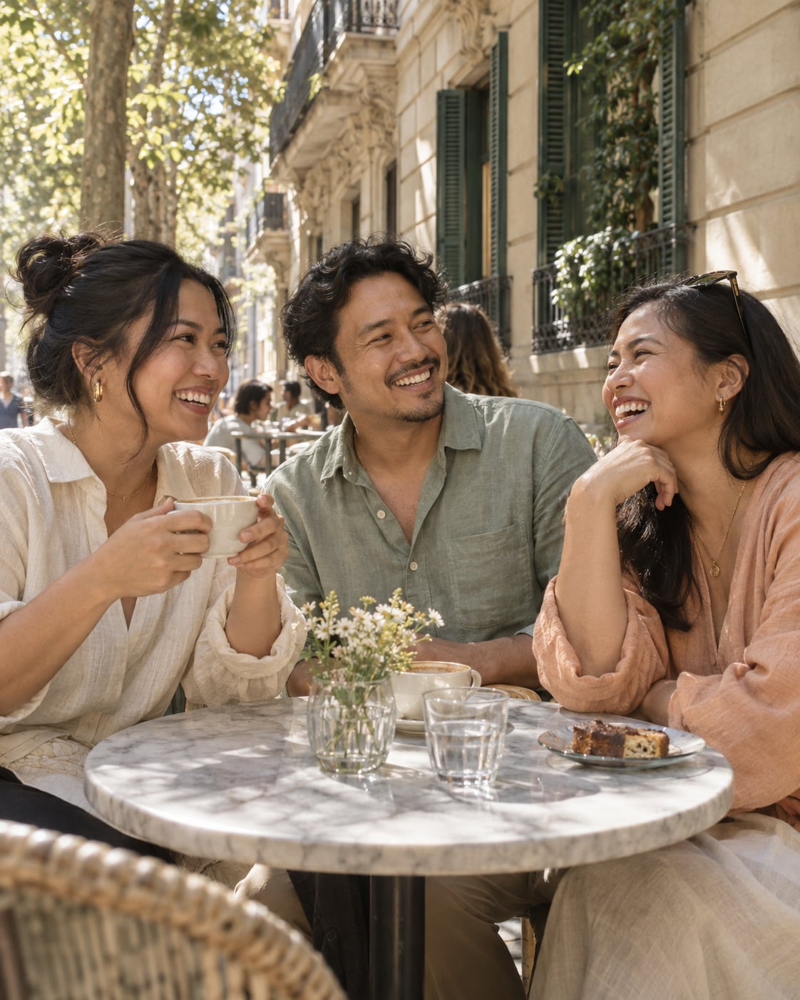 Illustration of Filipino friends enjoying coffee on a Barcelona terrace